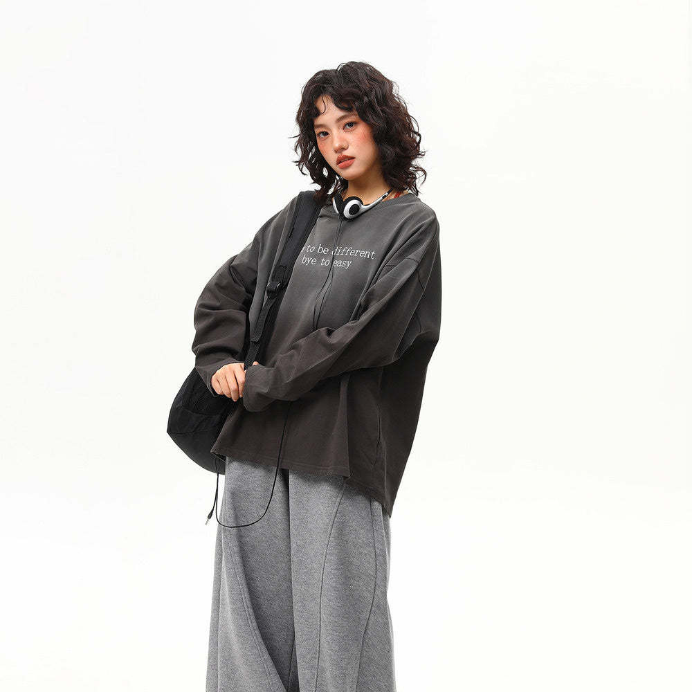 春季新款美式復古水洗漸變慵懶高級感長袖T恤女