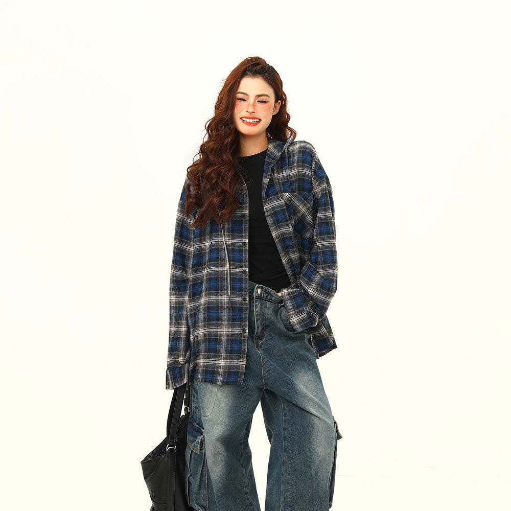 美式復古撞色格紋高級感連帽長袖襯衫女街頭寬鬆潮牌襯衣