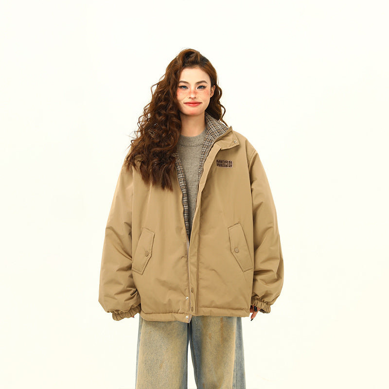 美式復古雙面穿格子棉服外套女冬季小眾設計潮牌保暖棉衣