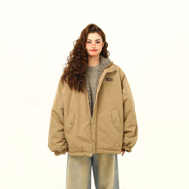 美式復古雙面穿格子棉服外套女冬季小眾設計潮牌保暖棉衣