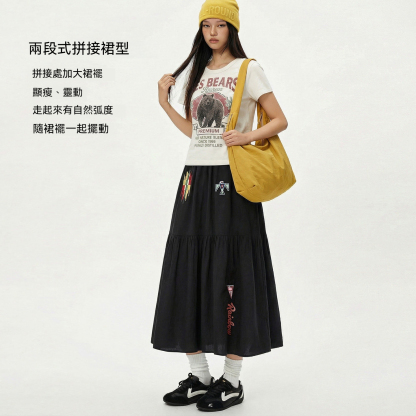 黑色復古鬆緊腰刺繡花A字過膝大裙擺半身長裙拼接裙子女士春