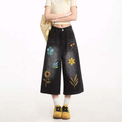 美式復古花卉刺繡高街小眾寬鬆直筒闊腿七分褲牛仔短褲女