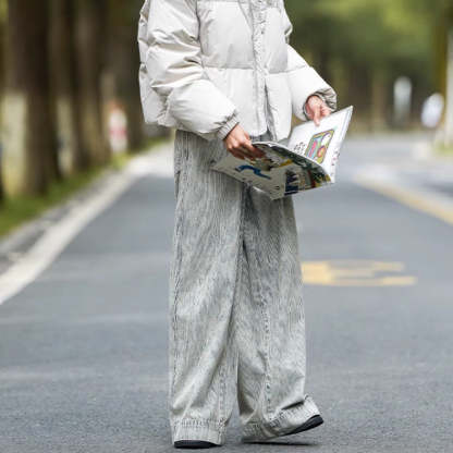 日系秋冬中性街頭百搭寬鬆古著水洗條紋牛仔褲