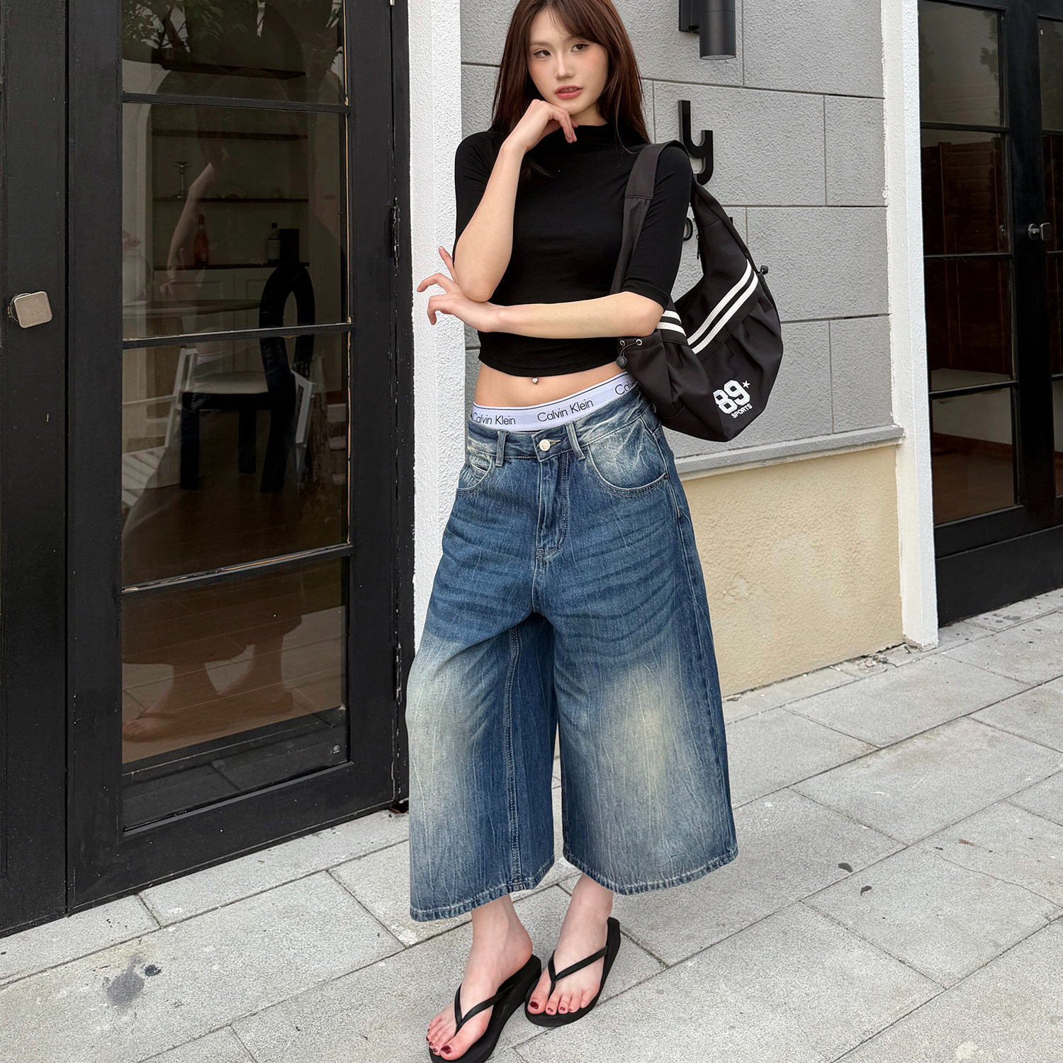 美式復古水洗閃電紋寬鬆七分牛仔短褲女街頭潮流夏季褲子