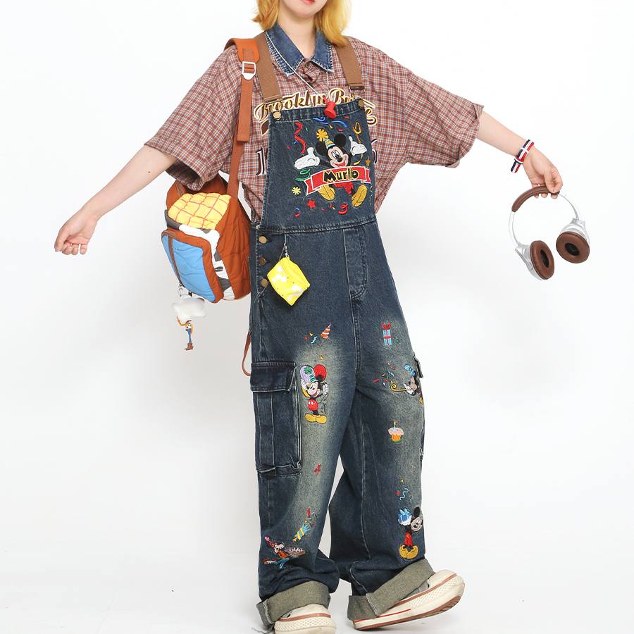 美式卡通米奇刺繡背帶褲女夏季寬鬆vibe連體拖地牛仔褲