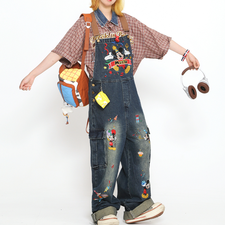 美式卡通米奇刺繡背帶褲女夏季寬鬆vibe連體拖地牛仔褲