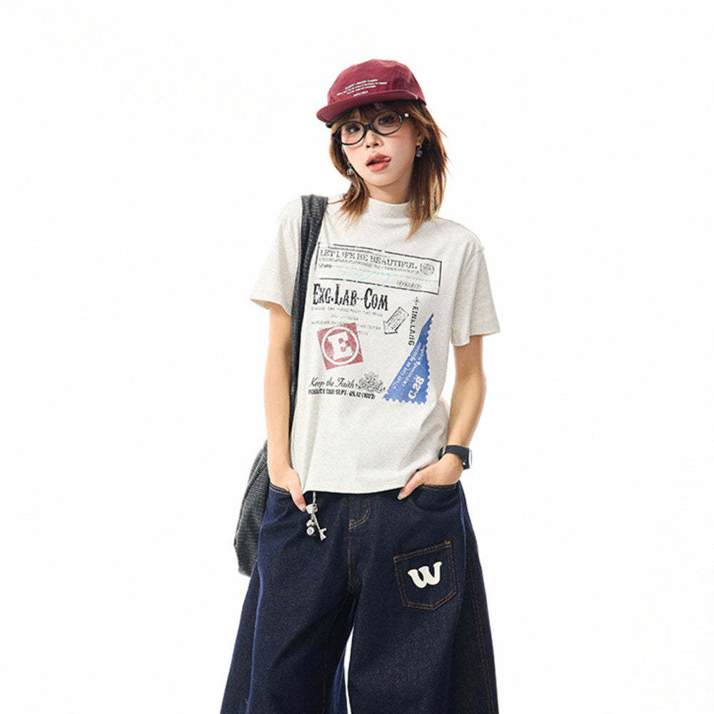 美式復古郵票正肩短袖T恤女夏季休閒百搭小高領修身上衣