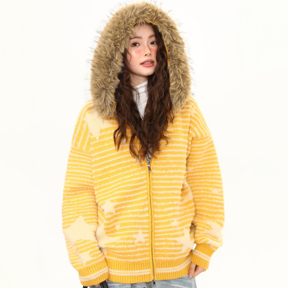 美式復古條紋星星毛領加厚連帽毛衣女秋冬開衫外套保暖