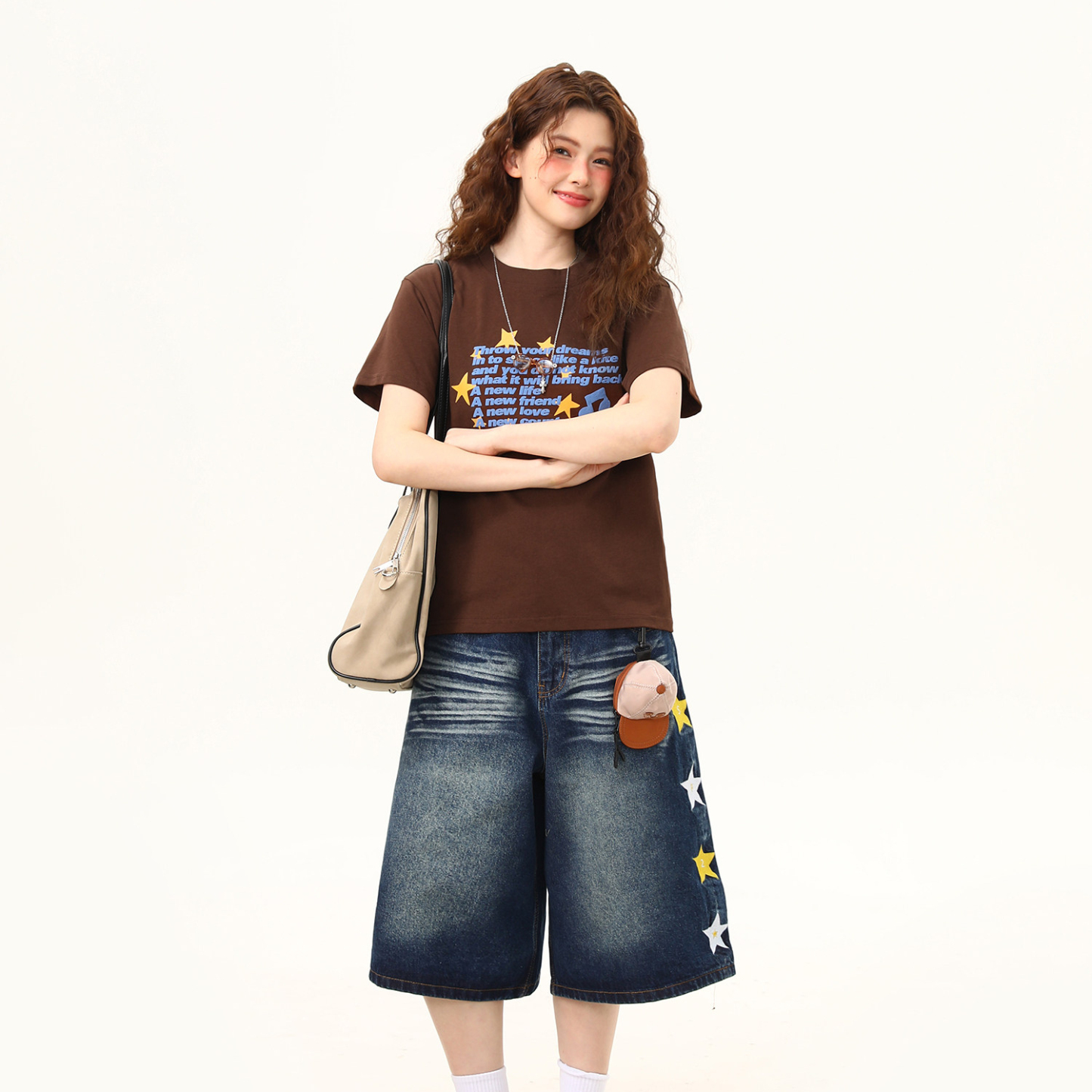 正肩T恤女美式復古發泡字母微寬鬆潮流短袖女