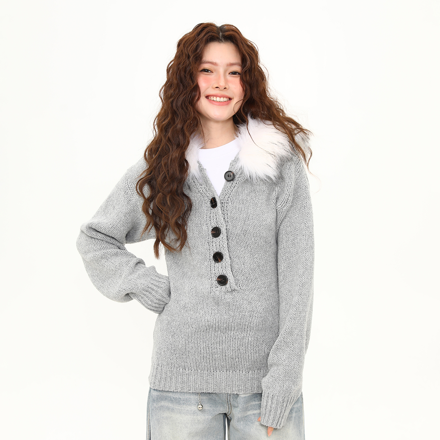 可拆卸毛領亨利領毛衣女秋冬復古韓系收腰短款針織衫上衣