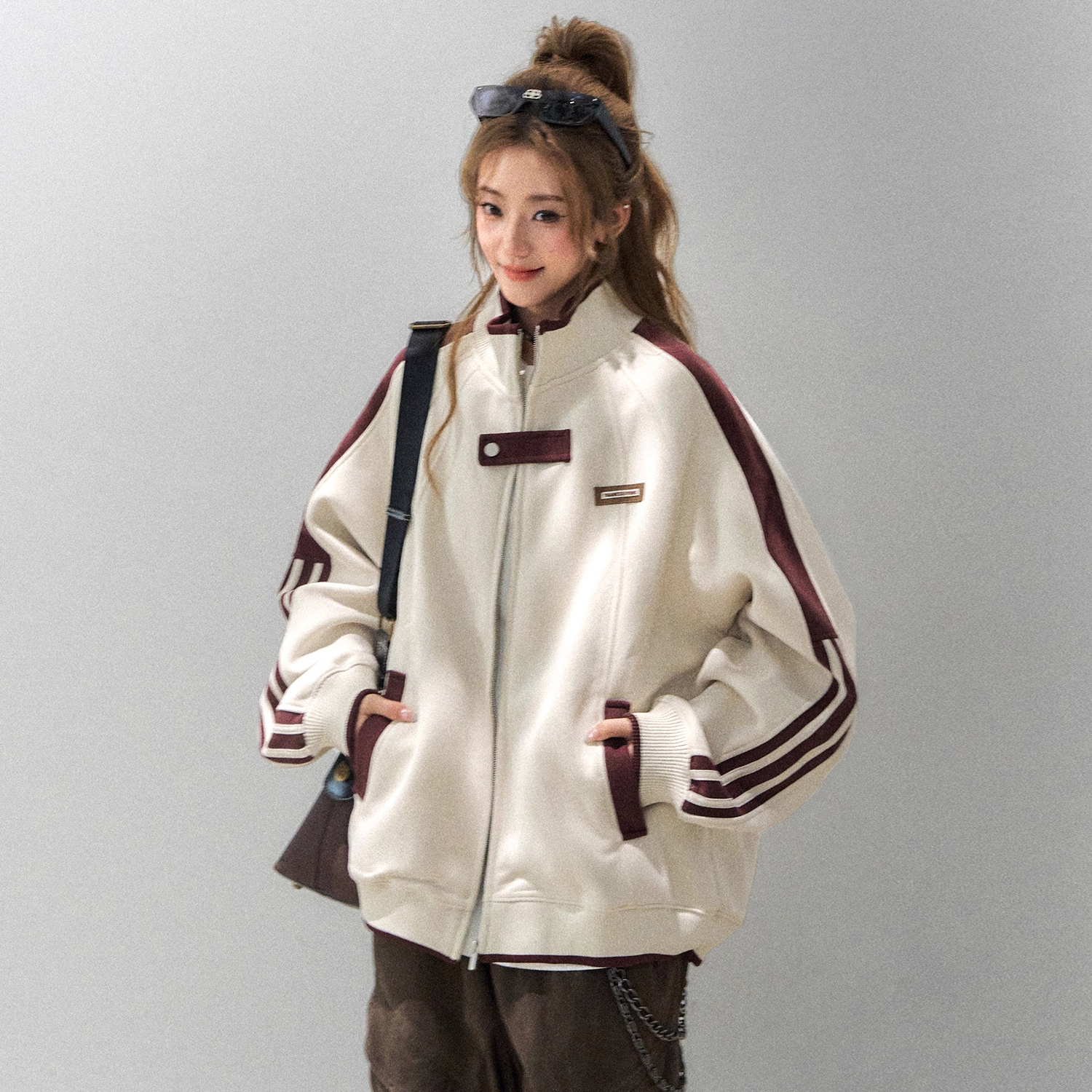 重磅400G拼接立領外套女款秋季美式慵懶chic休閒夾克