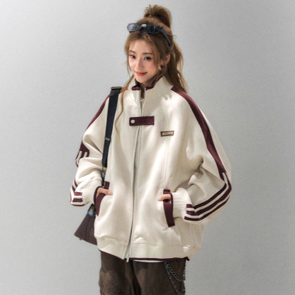 重磅400G拼接立領外套女款秋季美式慵懶chic休閒夾克