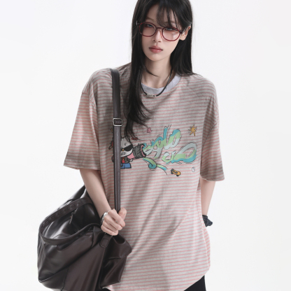 設計感趣味kitty猫印花條紋短袖做舊漸變寬鬆半袖T恤