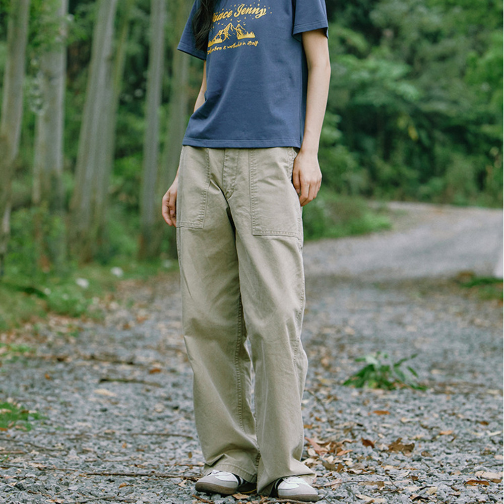 美式復古卡其色直筒工裝褲女百搭休閒褲寬鬆水洗闊腳褲