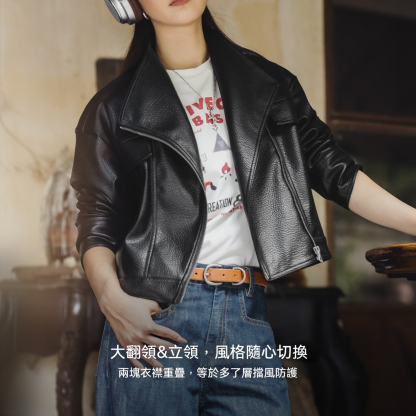 美式荔枝紋黑色短款斜拉鍊立翻領機車服PU皮衣夾克外套女士秋