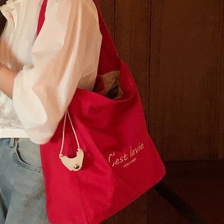 霓虹甜心托特包包女紅色帆布包通勤單肩包