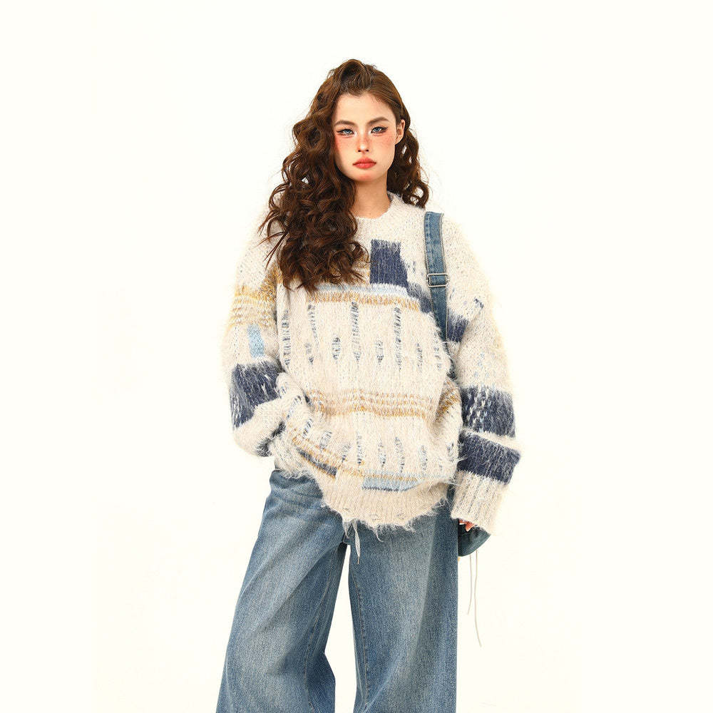 不規則拼接設計感馬海毛毛衣女秋季復古寬鬆慵懶風針織衫