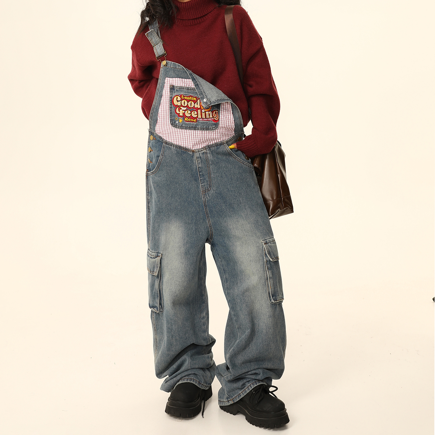美式復古顯瘦小個子工裝牛仔背帶褲女寬鬆闊腿連體褲秋季