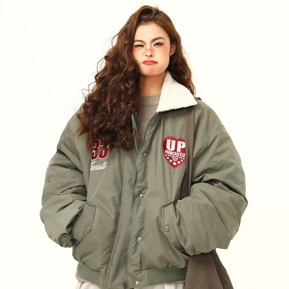 美式復古羊羔毛翻領棉服外套女冬季新款加厚保暖棉衣棉襖