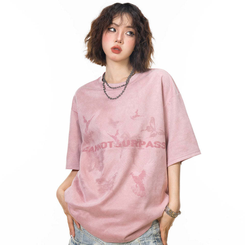 美式復古麂皮絨蝴蝶短袖t恤女夏季2025新款設計感寬鬆半袖上衣