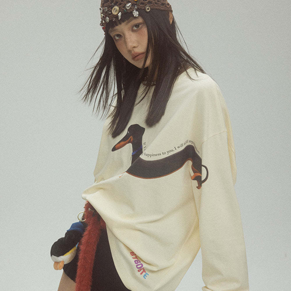 美式潮牌復古臘腸狗印花圓領衛衣女早春百搭寬鬆上衣