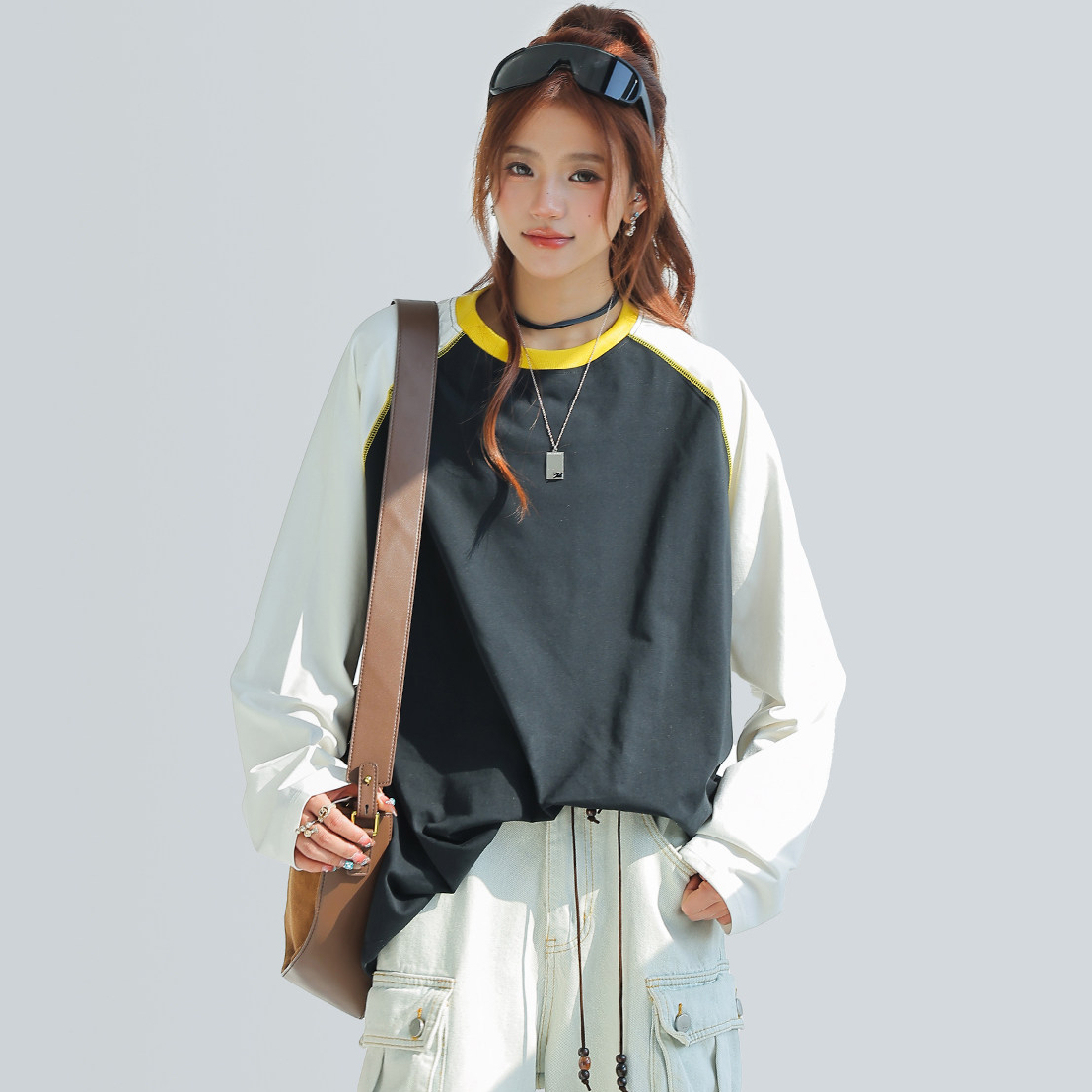 索羅娜撞色拼接插肩長袖上衣女內搭可外穿打底衫t恤