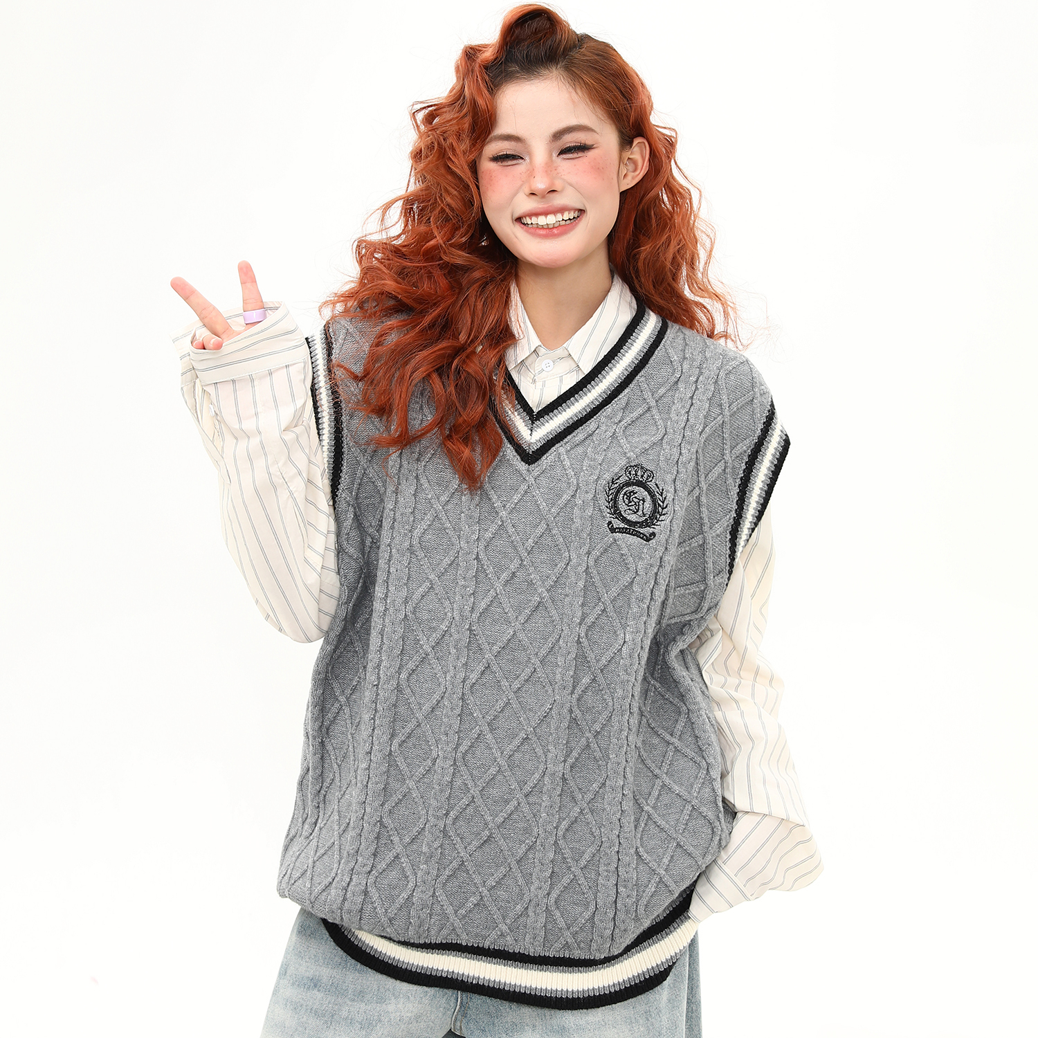 美式復古學院風刺繡美拉德馬甲背心毛衣女秋冬寬鬆針織衫