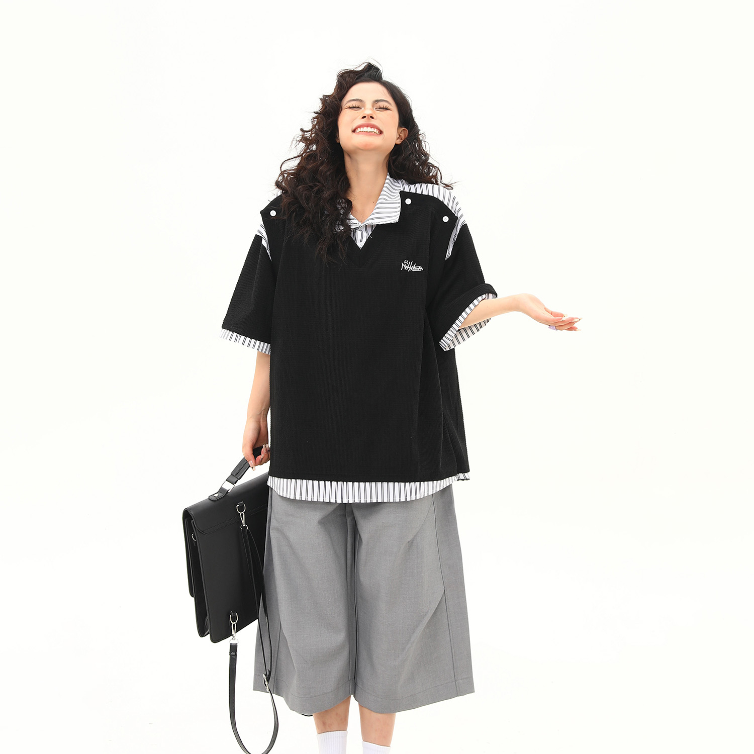 夏季新款美式復古假兩件高級感短袖T恤女學院風寬鬆上衣