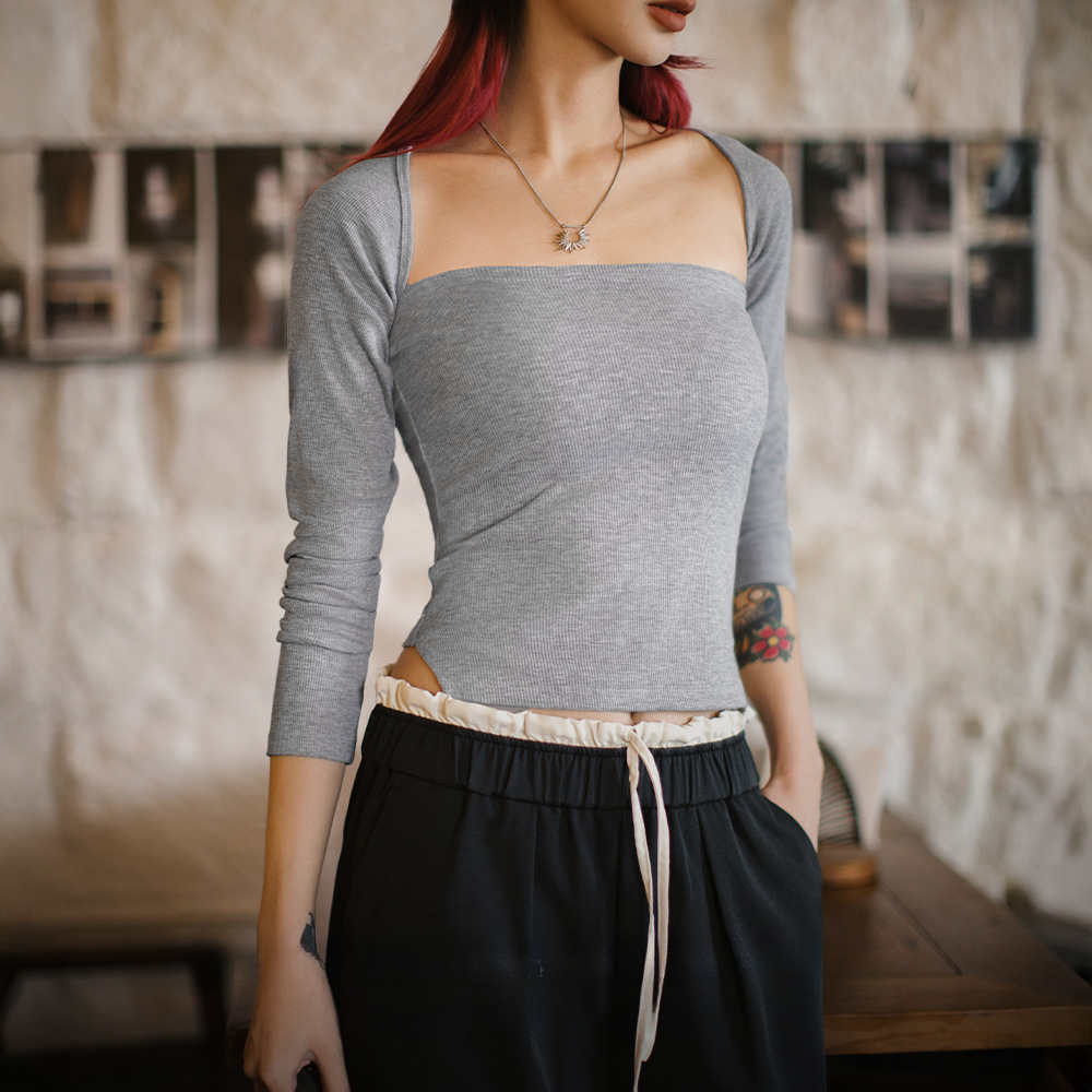格雷系一字領鏤空長袖T恤辣妹掛脖扭結DIY坎肩百變露肩上衣女