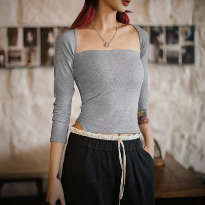 格雷系一字領鏤空長袖T恤辣妹掛脖扭結DIY坎肩百變露肩上衣女