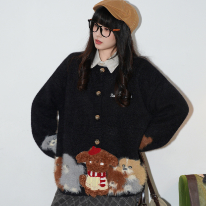 美式復古立體小狗刺繡針織毛衣女慵懶風寬鬆開衫外套