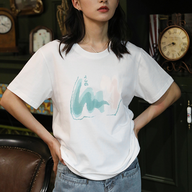 白色圓領時尚復古夏季百搭小眾短袖女純棉寬鬆ins印花T恤女
