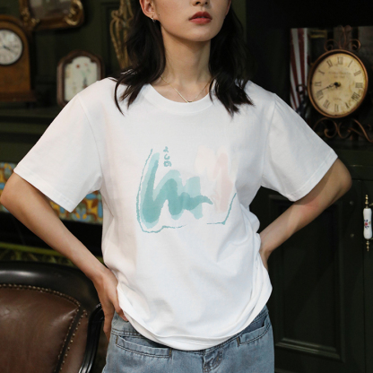 白色圓領時尚復古夏季百搭小眾短袖女純棉寬鬆ins印花T恤女