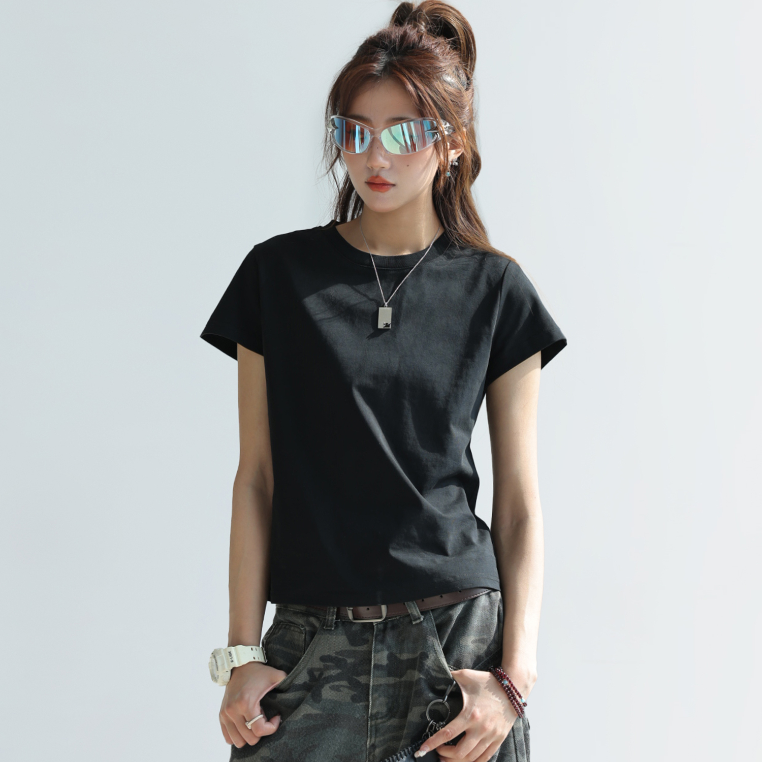 重磅240G正肩短袖女夏索羅娜凉感防曬t恤修身短上衣