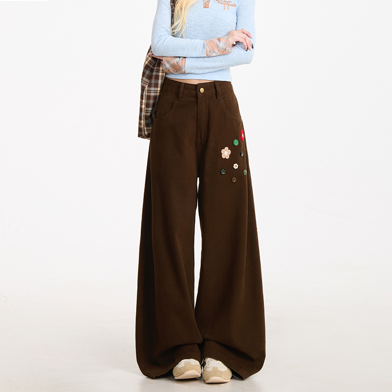 花朵紐扣直筒工裝褲女復古潮牌設計感闊腿垂感顯瘦休閒褲