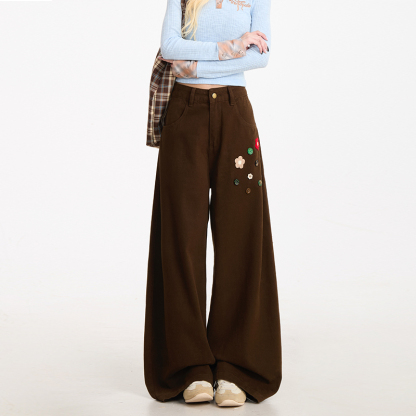 花朵紐扣直筒工裝褲女復古潮牌設計感闊腿垂感顯瘦休閒褲