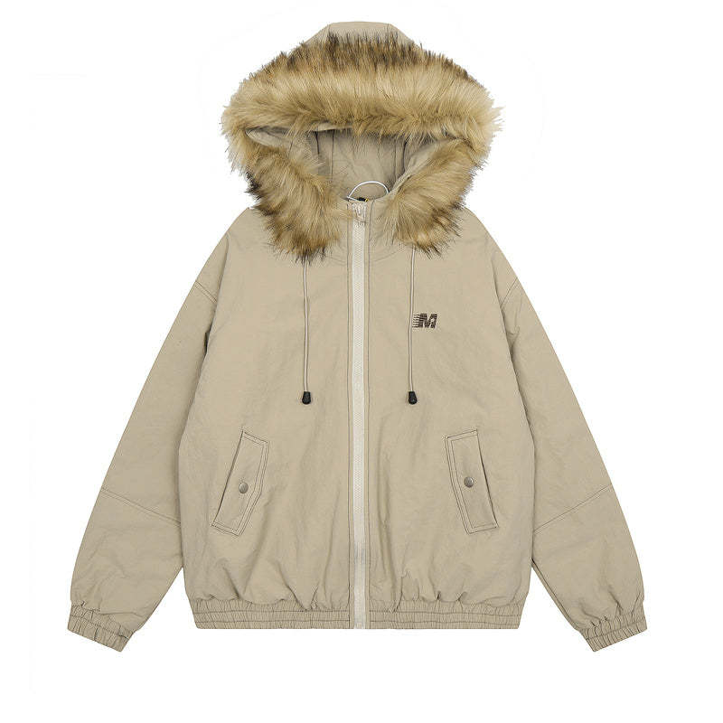 美式復古毛領連帽棉服女冬季加厚小個子短款棉衣派克服外套