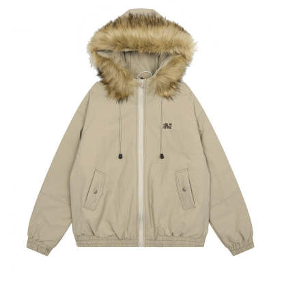 美式復古毛領連帽棉服女冬季加厚小個子短款棉衣派克服外套