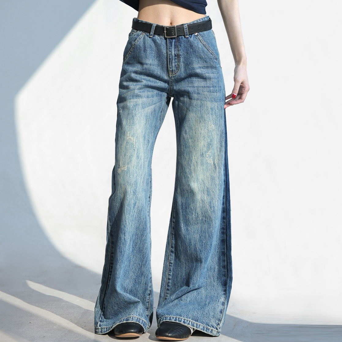 美式復古微喇牛仔褲女2025新款闊腿褲顯瘦褲子直筒褲