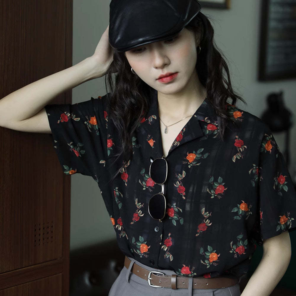 杏色玫瑰花氣質翻領簡約復古港風設計感短袖襯衫女夏季顯瘦上衣