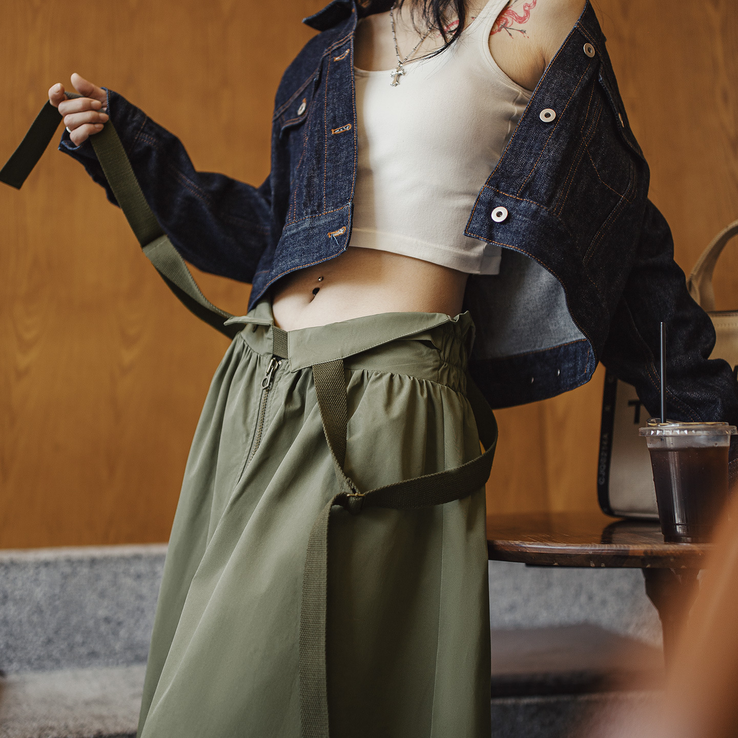 寬鬆吊帶疊穿工裝背帶連衣裙高收腰A字半身長款傘裙子女士秋