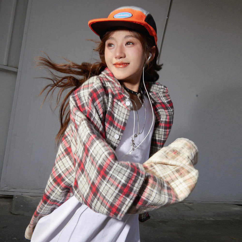 美式復古漸變色格子襯衫女高級感別致寬鬆純棉上衣
