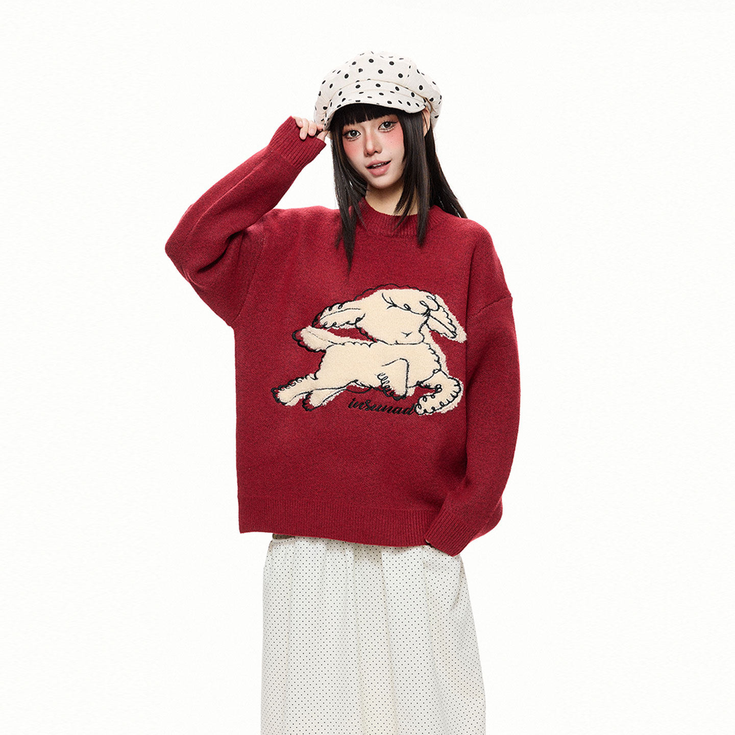 卡通可愛小羊刺繡紅色針織衫女寬鬆百搭套頭毛衣外套