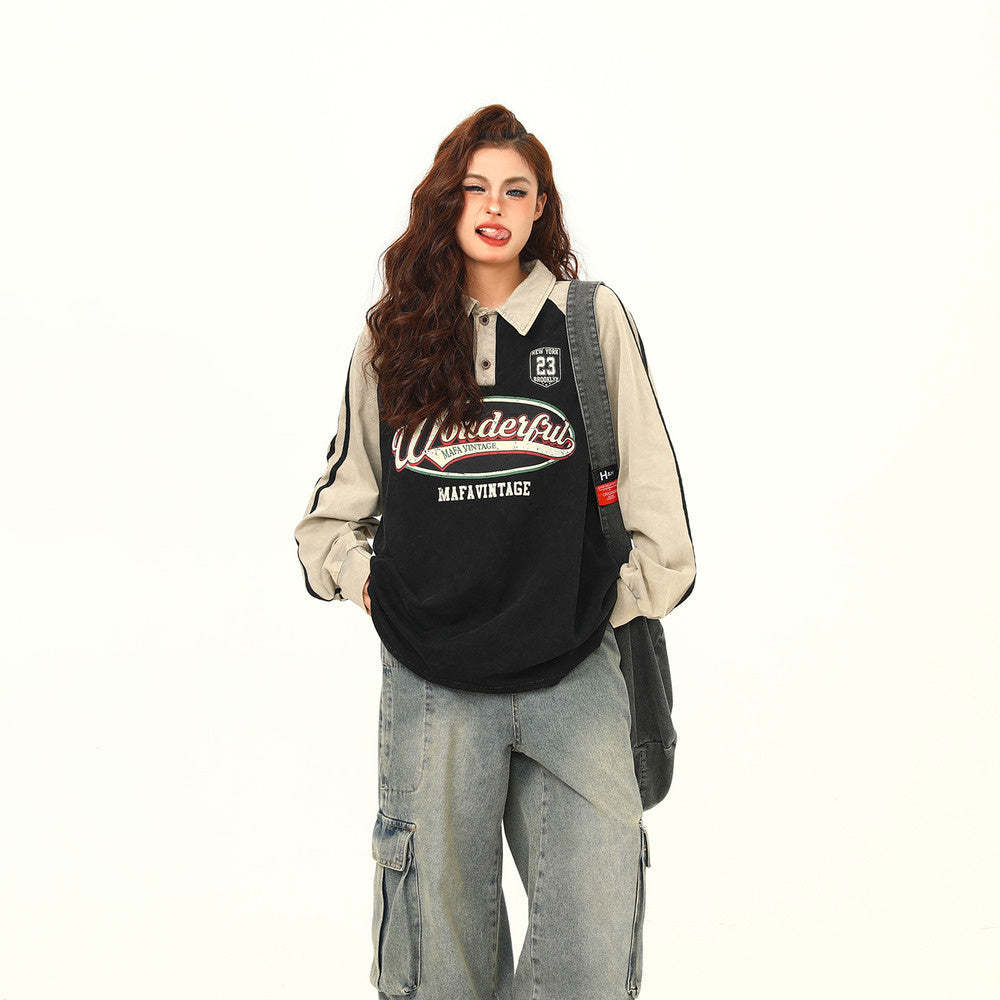 美式衛衣復古街頭學院風Polo領長袖女寬鬆百搭上衣