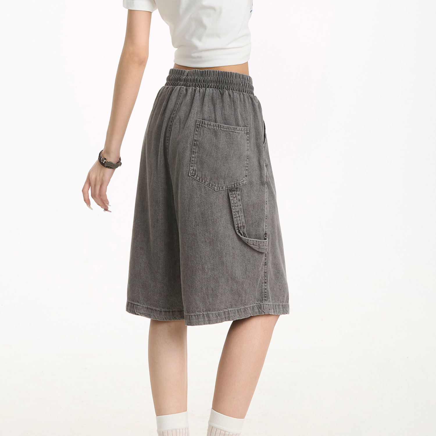 美式復古嘻哈工裝牛仔短褲女夏季寬鬆闊腿街頭中褲五分褲