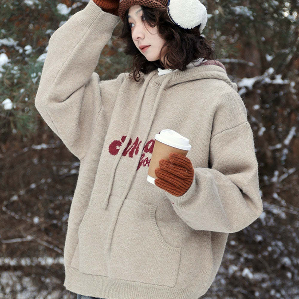 撞色logo提花連帽寬鬆高克重毛衣針織衣秋冬