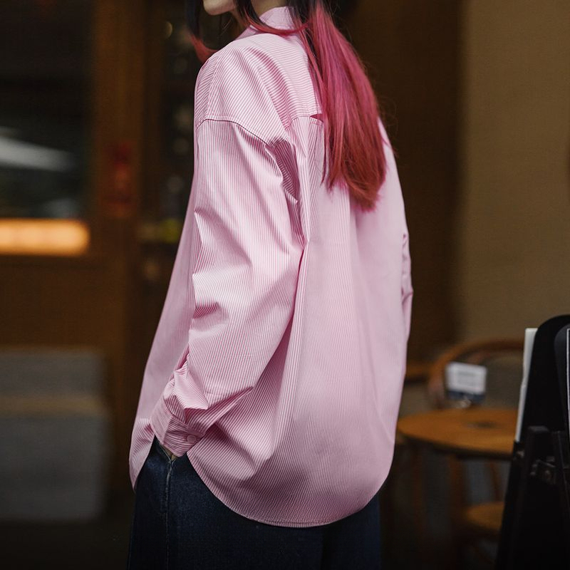 淺春系粉白條紋襯衫慵懶度假風外套微彈鏤空oversize上衣春女