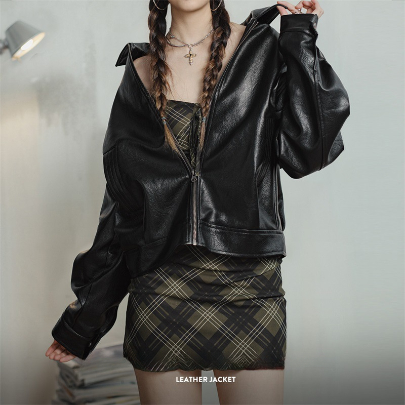 馬登女裝 美式復古黑色皮衣外套小個子短款機車風夾克通勤上衣春秋女