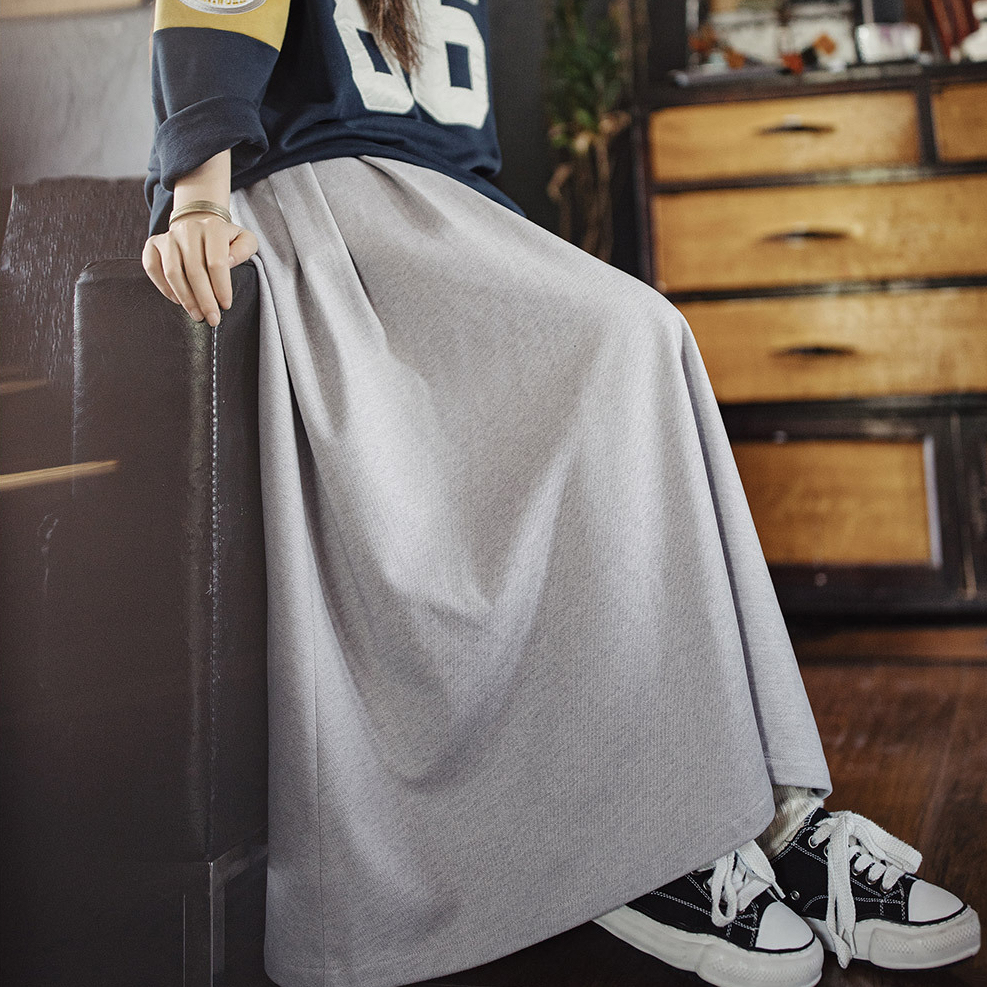 灰色毛呢大擺半身長裙針織鬆緊腰垂墜感百褶A字傘裙秋冬女士