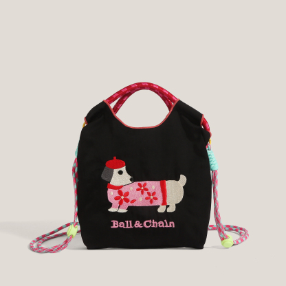 環保購物袋刺繡腊腸狗迷你手提包單肩斜挎包手機包